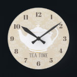 Tea Time Elegant Teapot Cream Damask Round Clock<br><div class="desc">Tea Time Elegant Pink Teapot Minimalist Clocks.</div>