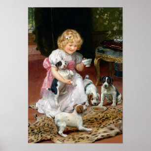 Tea Time for Fox Terrier Puppies Vintage Dog Print