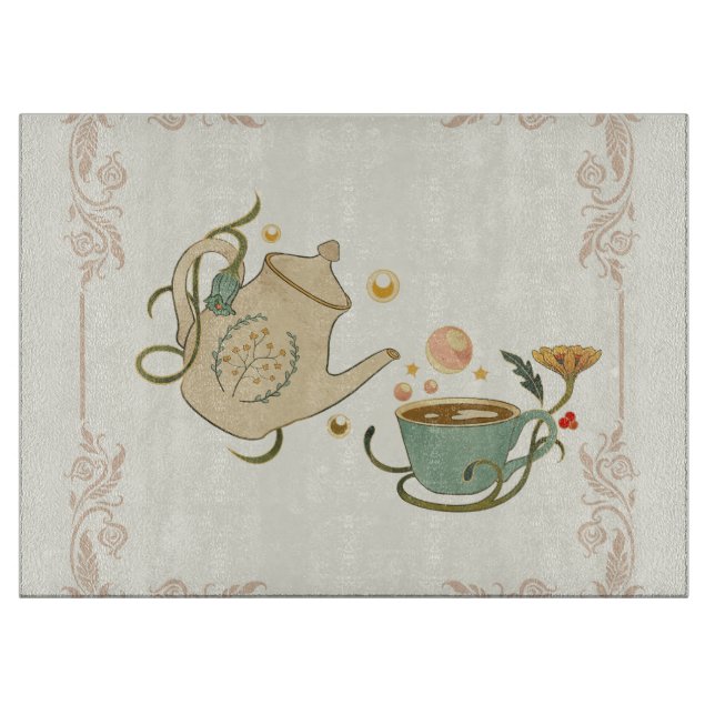 Tea Time Graphic Design, Light Beige Background Cutting Board (Front)