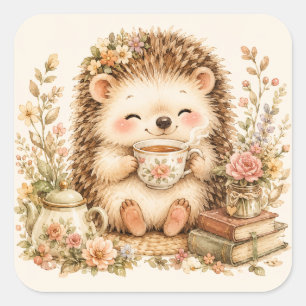 Tea Time Hedgehog Watercolor Art Square Sticker