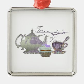 Tea Time! Lilac Teapot, Teacup and Cupcake Art Christmas Ornament