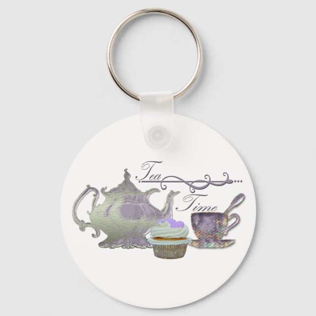 Tea Time! Lilac Teapot, Teacup and Cupcake Art Key Ring (Front)