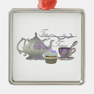 Tea Time! Lilac Teapot, Teacup and Cupcake Art Metal Tree Decoration