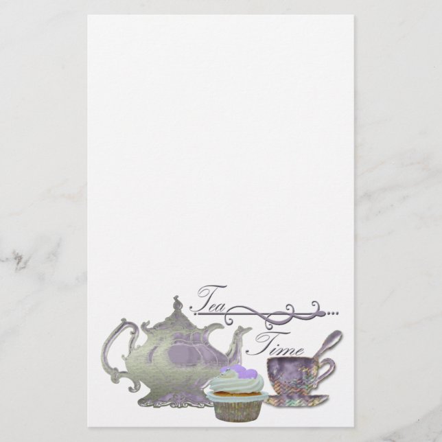 Tea Time! Lilac Teapot, Teacup and Cupcake Art Stationery (Front)