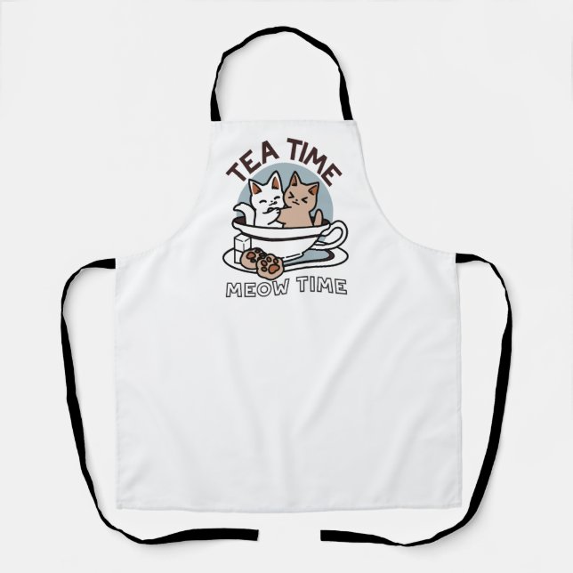 Tea Time Meow Time - Cute Cat and Tea Design Apron (Front)
