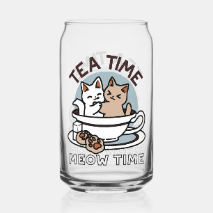 Tea Time Meow Time - Cute Cat and Tea Design Can Glass