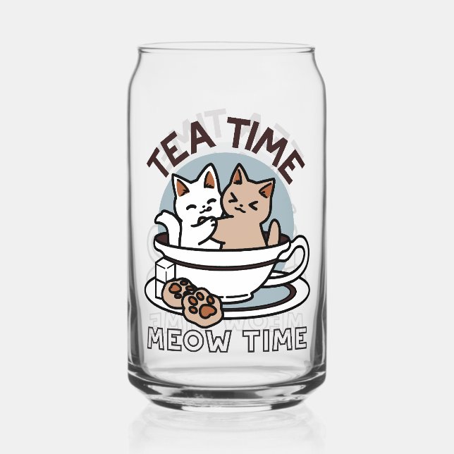 Tea Time Meow Time - Cute Cat and Tea Design Can Glass (Front)