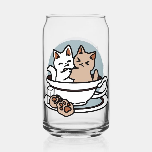 Tea Time Meow Time - Cute Cat and Tea Design Can Glass (Front)