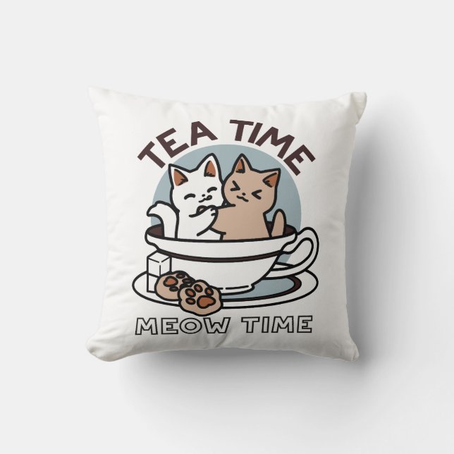 Tea Time Meow Time - Cute Cat and Tea Design Cushion (Front)