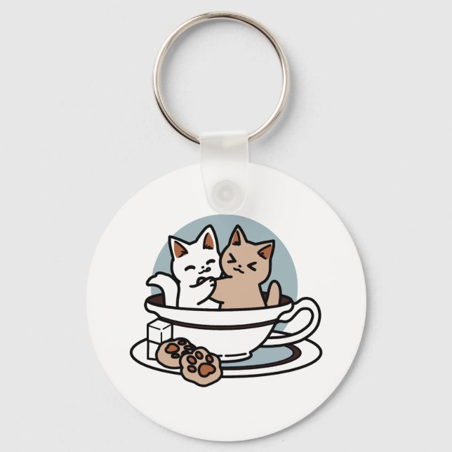 Tea Time Meow Time - Cute Cat and Tea Design Key Ring (Front)