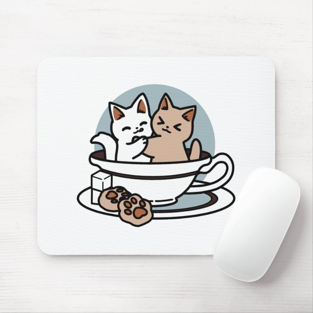 Tea Time Meow Time - Cute Cat and Tea Design Mouse Mat (With Mouse)