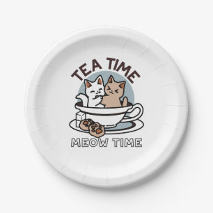 Tea Time Meow Time - Cute Cat and Tea Design Paper Plate
