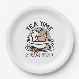 Tea Time Meow Time - Cute Cat and Tea Design Paper Plate