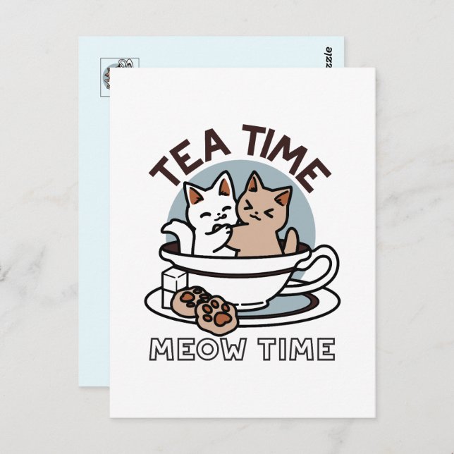 Tea Time Meow Time - Cute Cat and Tea Design Postcard (Front/Back)