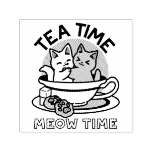 Tea Time Meow Time - Cute Cat and Tea Design Self-inking Stamp