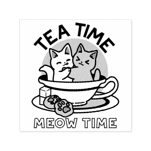 Tea Time Meow Time - Cute Cat and Tea Design Self-inking Stamp (Design)