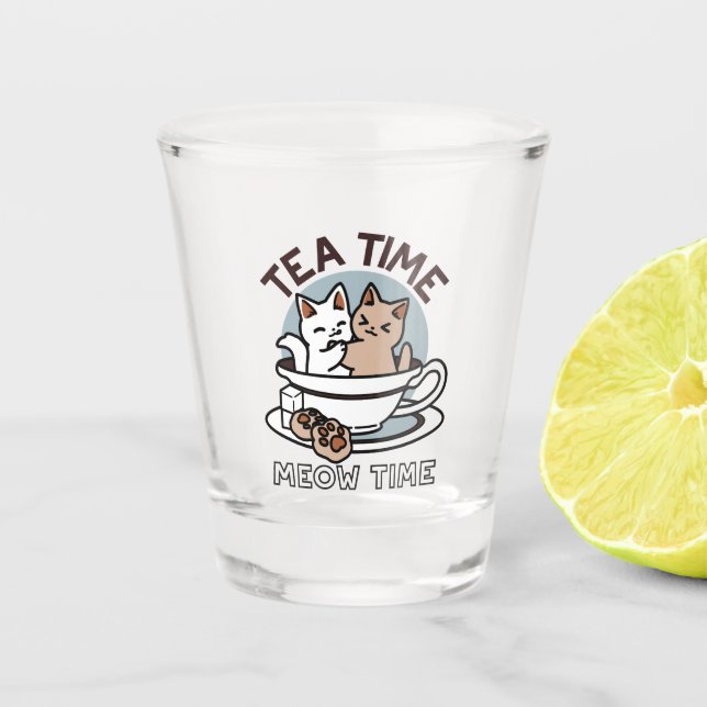 Tea Time Meow Time - Cute Cat and Tea Design Shot Glass (Front)