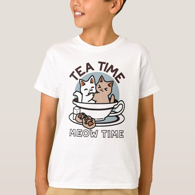 Tea Time Meow Time - Cute Cat and Tea Design T-Shirt (Front)