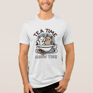 Tea Time Meow Time - Cute Cat and Tea Design Tri-Blend Shirt