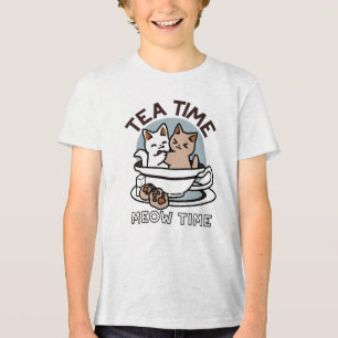 Tea Time Meow Time - Cute Cat and Tea Design Tri-Blend Shirt