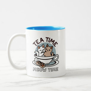 Tea Time Meow Time - Cute Cat and Tea Design Two-Tone Coffee Mug