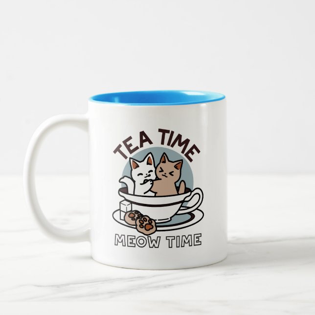 Tea Time Meow Time - Cute Cat and Tea Design Two-Tone Coffee Mug (Left)