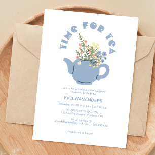 Tea Time Party Retro Blue Teapot Bridal Shower  Invitation