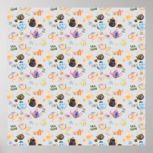 tea time pattern - tea cups and tea pot in poster