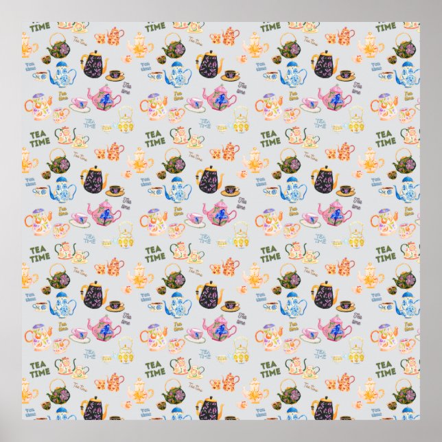 tea time pattern - tea cups and tea pot in poster (Front)