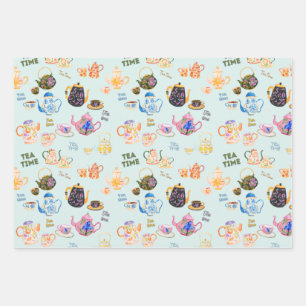 tea time pattern - tea cups and tea pot in wrapping paper sheet