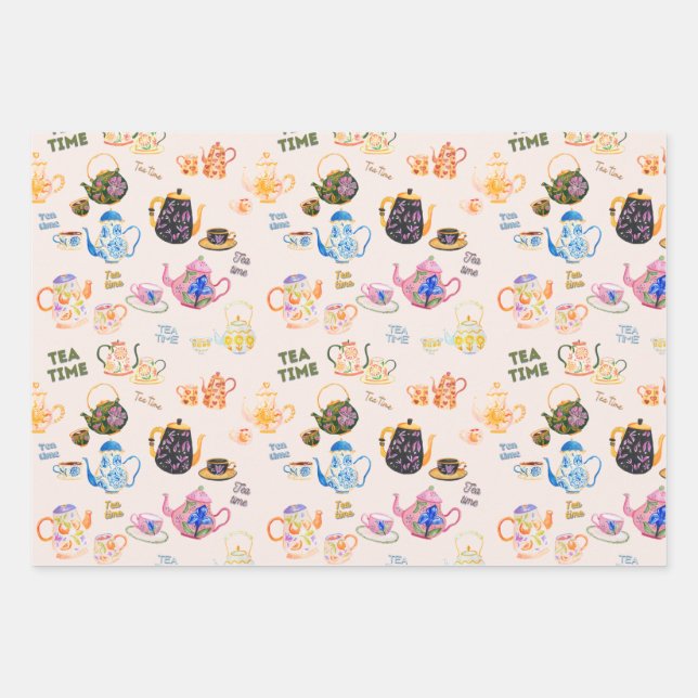 tea time pattern - tea cups and tea pot in wrapping paper sheet (Front)