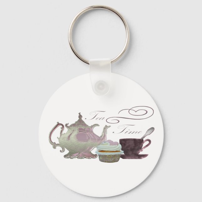 Tea Time Pink Cupcake Hearts Art Key Ring (Front)