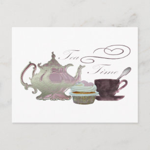 Tea Time Pink Cupcake Hearts Art Postcard