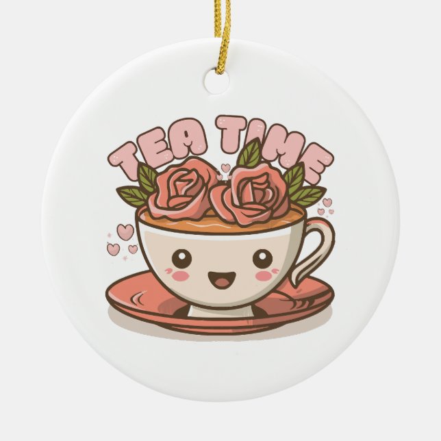 Tea Time Rose Tea Kawaii Ceramic Tree Decoration (Front)