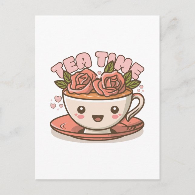 Tea Time Rose Tea Kawaii Postcard (Front)
