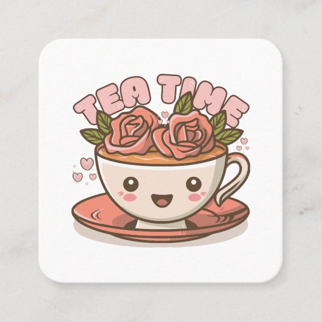 Tea Time Rose Tea Kawaii Square Business Card (Front)