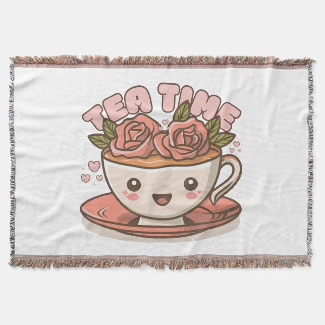 Tea Time Rose Tea Kawaii Throw Blanket (Front)