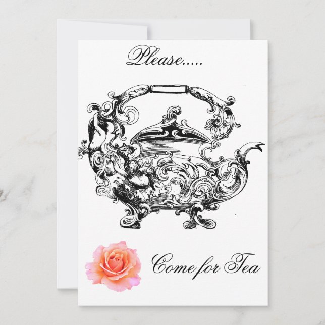 TEA TIME SOCIAL INVITATION-ANTIQUE TEA POT & ROSE INVITATION (Front)