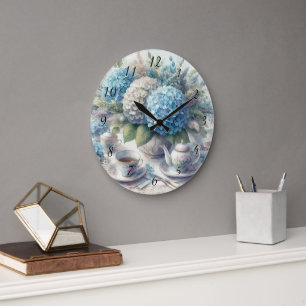 Tea Time Teapot and Blue Hydrangia Wall Clock