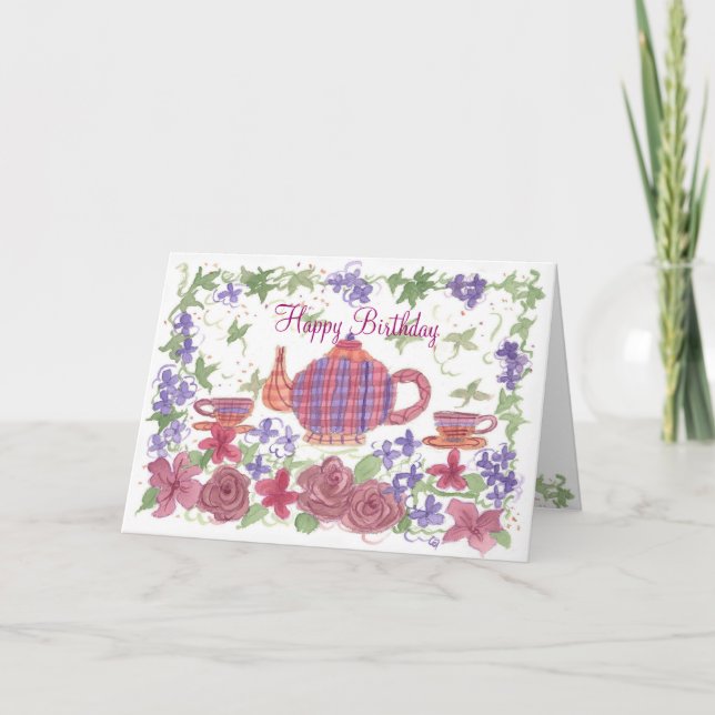 Tea Time Teapot and Flowers Birthday Card (Front)