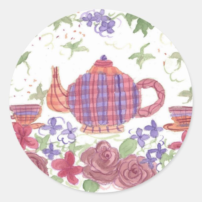 Tea Time Teapot and Flowers Classic Round Sticker (Front)