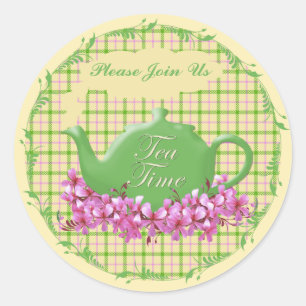 Tea Time Teapot Spring Plaid Classic Round Sticker
