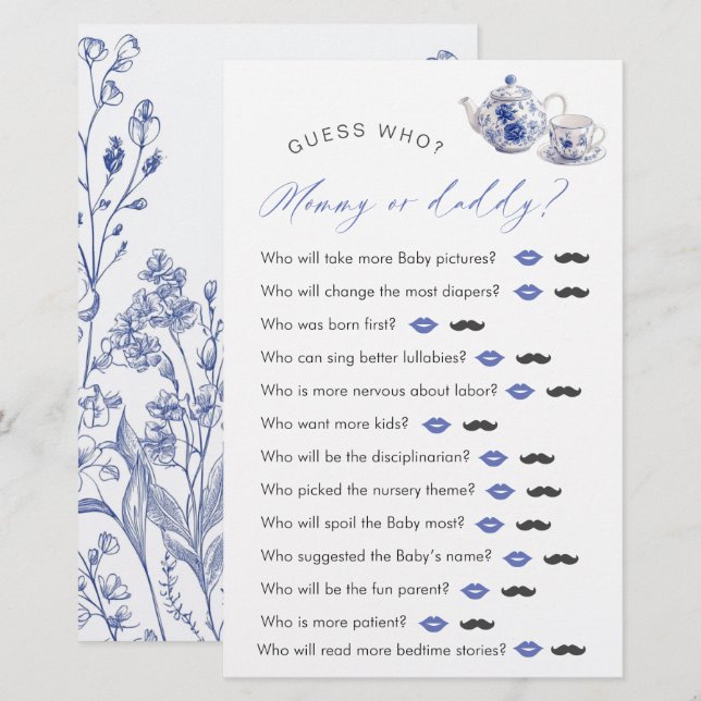 Tea Time Toile Themed Baby Shower "Guess Who" Game (Front/Back)