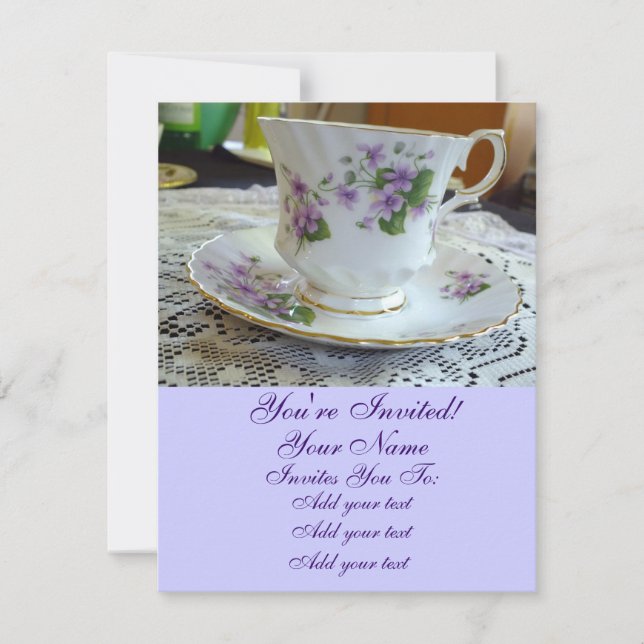 Tea Time-Vintage Violets Teacup Invitations (Front)