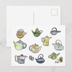 Tea Time Watercolor Teapots Hand-painted Art Postcard