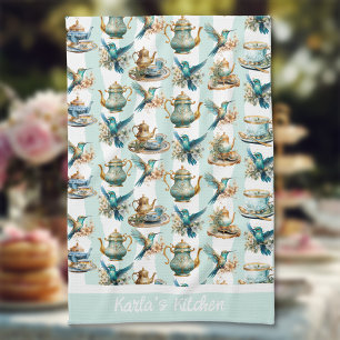 Tea Time With Hummingbirds Monogrammed Tea Towel