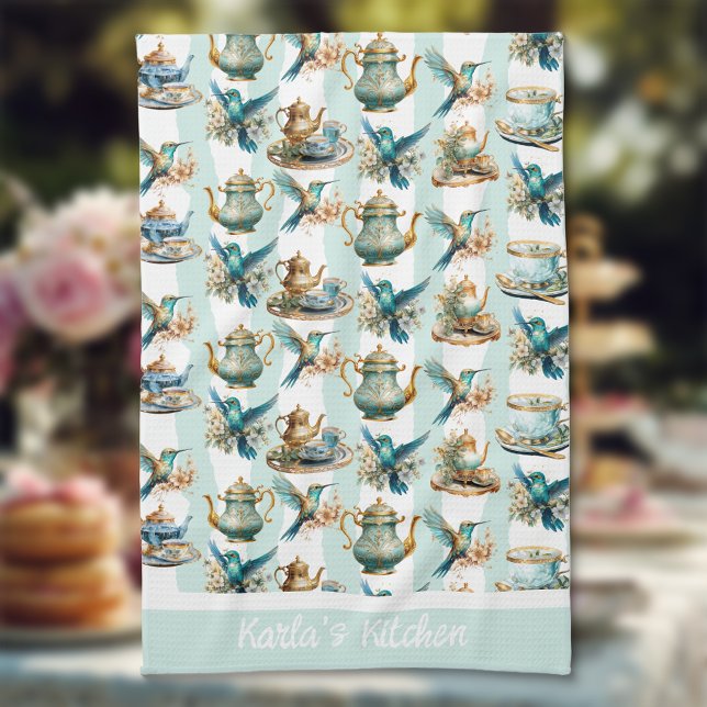 Tea Time With Hummingbirds Monogrammed Tea Towel (Creator Uploaded)