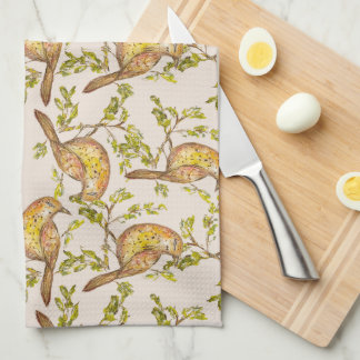 Tea Towel With Hand-Painted Birds on Branches
