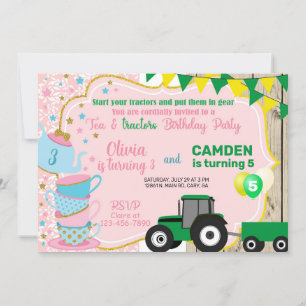 Tea & tractors siblings birthday invitation. invitation