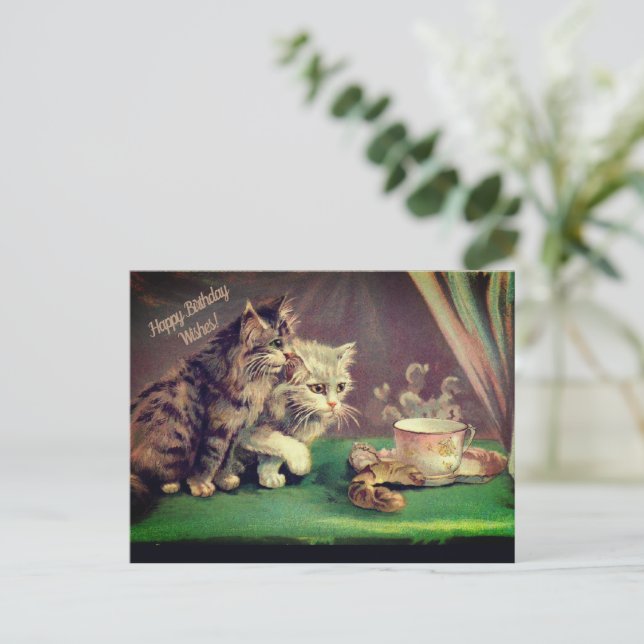 Tea Vintage Cats Birthday Wishes|  POSTCARD (Standing Front)
